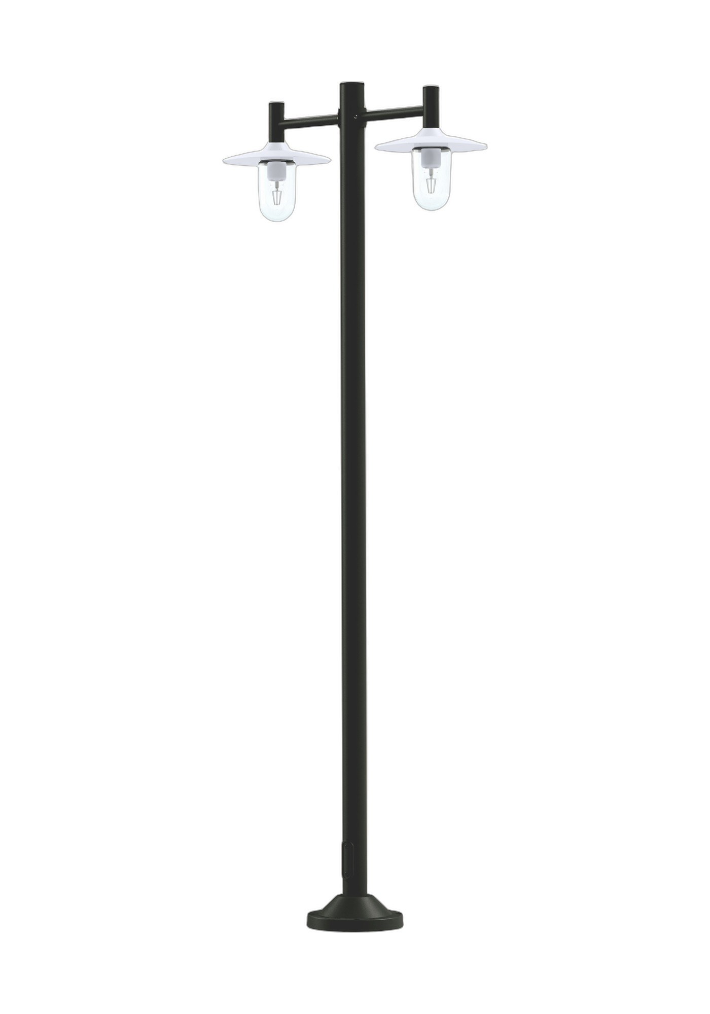 Lampadaire Montana 2 têtes en aluminium par Roger Pradier lampadaire Montana à mât gris noir avec deux dômes blancs et verres clairs, rendu sur fond blanc