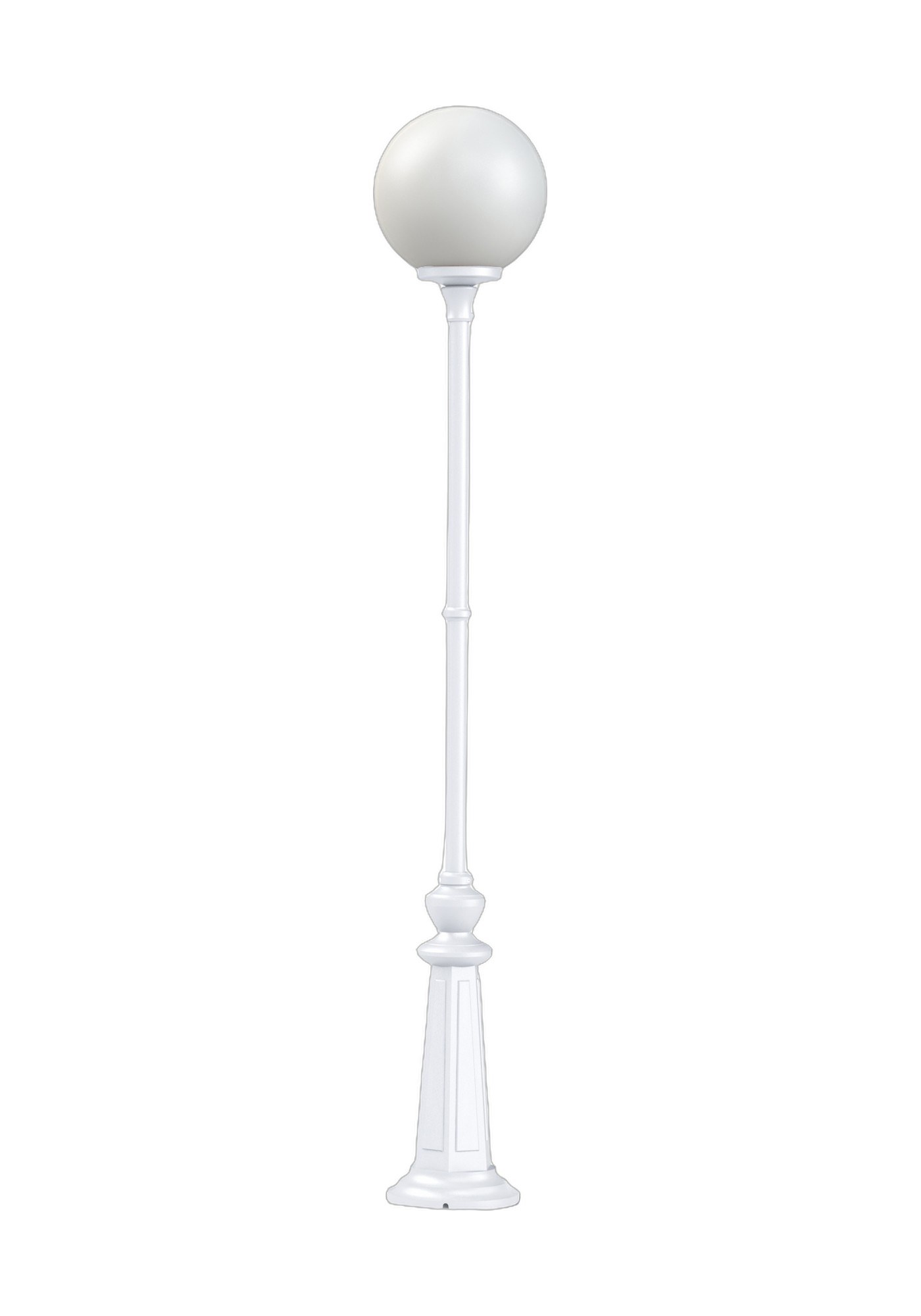 Lampadaire Moon globe 300 mm par Roger Pradier, 1 ou 2 globes lampadaire Moon globe 300 mm N° 11 à un globe opale en aluminium blanc, rendu sur fond blanc