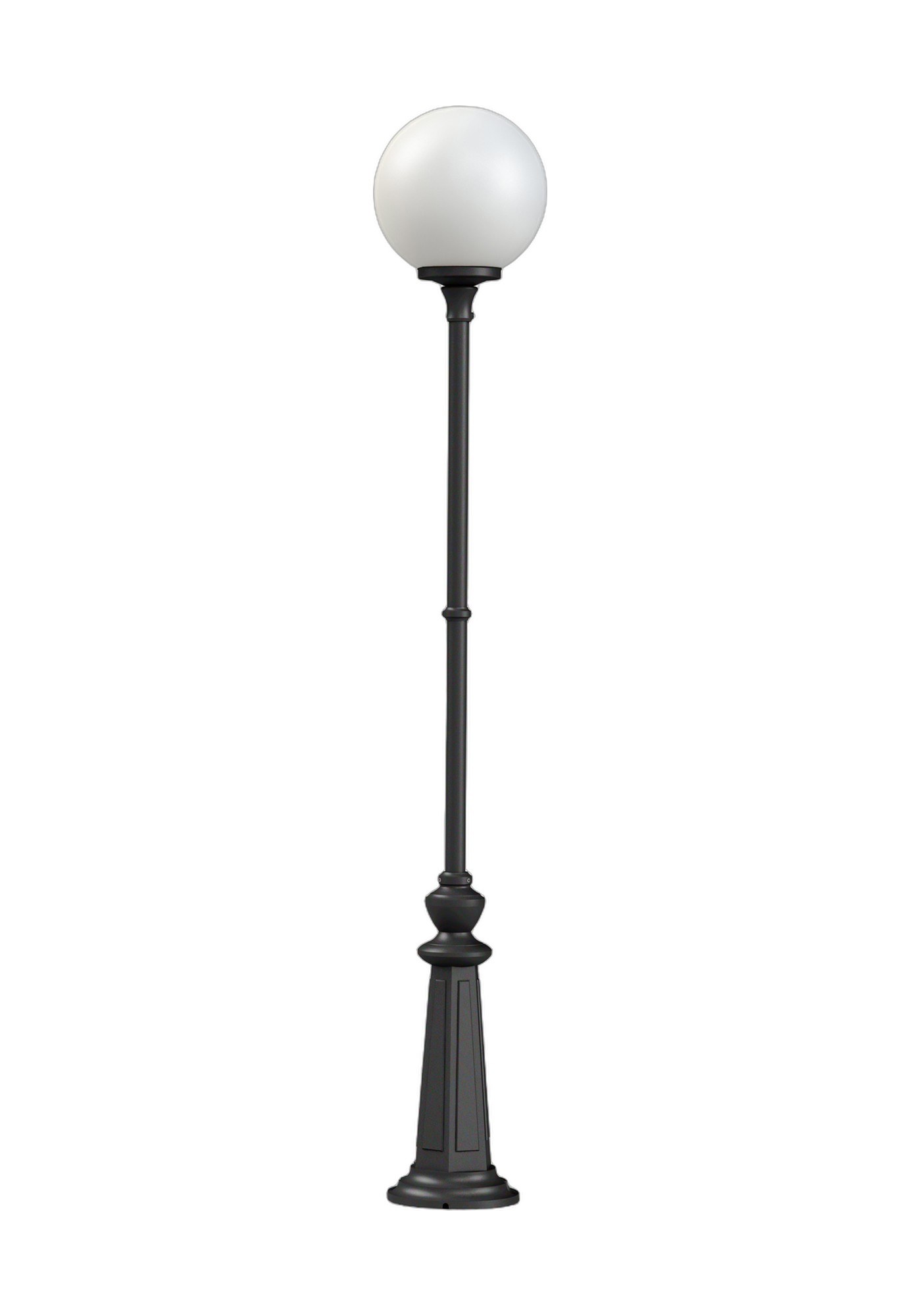 Lampadaire Moon globe 300 mm par Roger Pradier, 1 ou 2 globes lampadaire Moon globe 300 mm N° 11 à un globe opale en aluminium noir foncé, rendu sur fond blanc