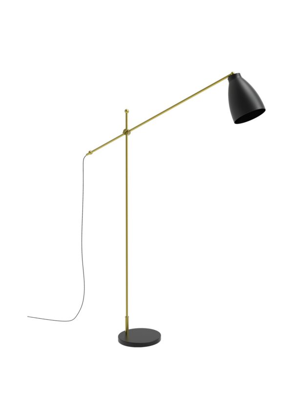 lampadaire Nala noir mat et laiton avec bras mobile et base en marbre, vue de face sur fond blanc