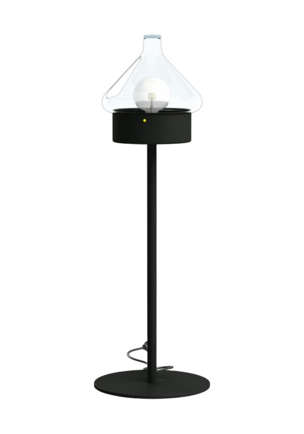 lampadaire nomade La Hutte en aluminium gris noir avec lanterne en verre clair soufflé, rendu sur fond blanc