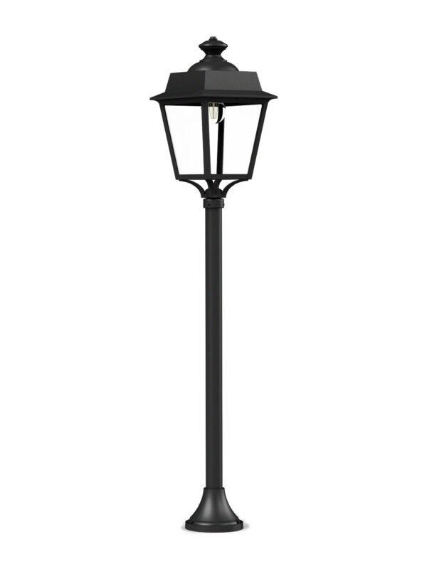 lampadaire Place des Vosges Évolution colonne lisse basse noire avec diffuseur PMMA clair, rendu sur fond blanc