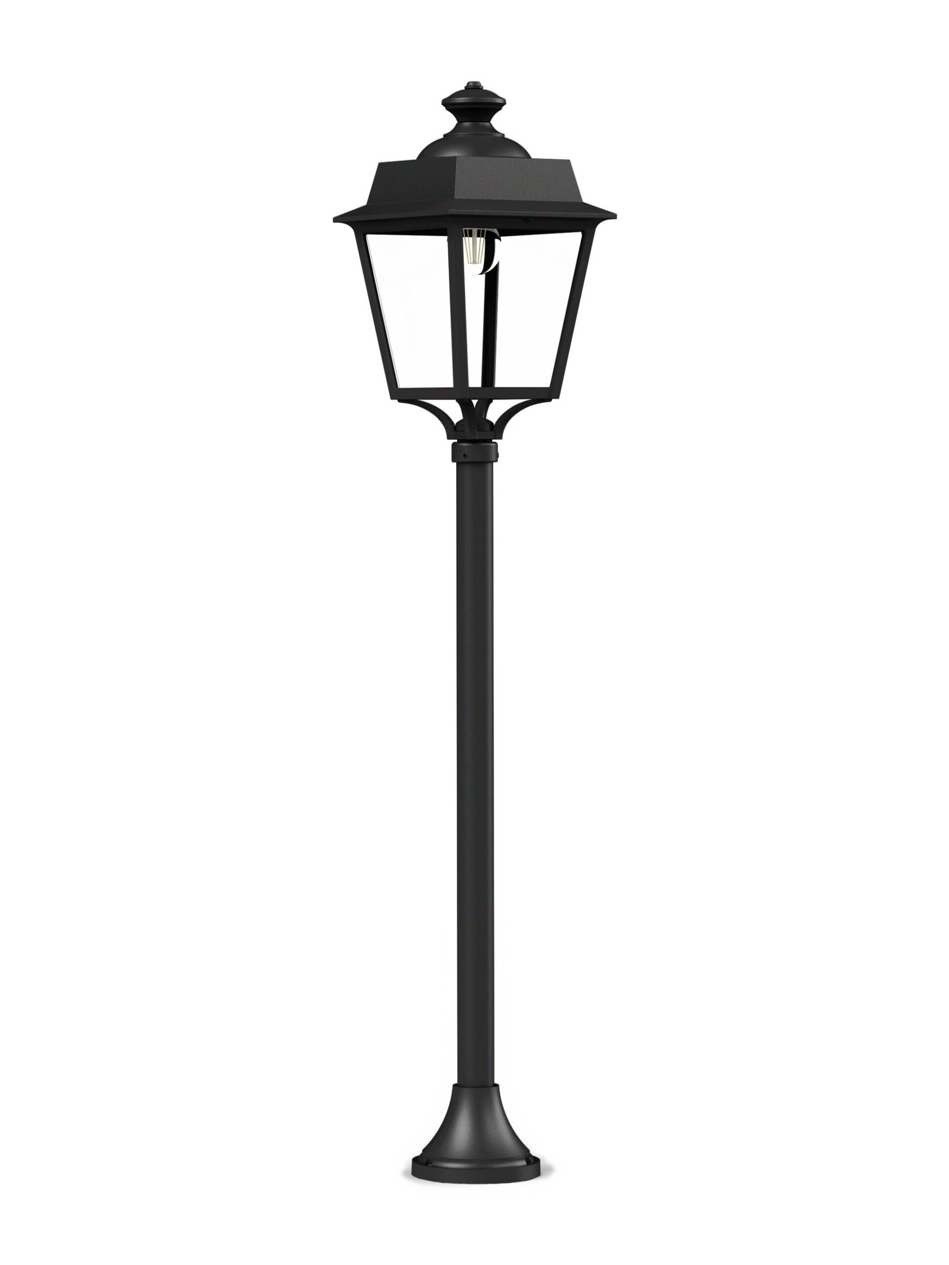 Lampadaire Place des Vosges Évolution en aluminium par Roger Pradier lampadaire Place des Vosges Évolution colonne lisse basse noire avec diffuseur PMMA clair, rendu sur fond blanc