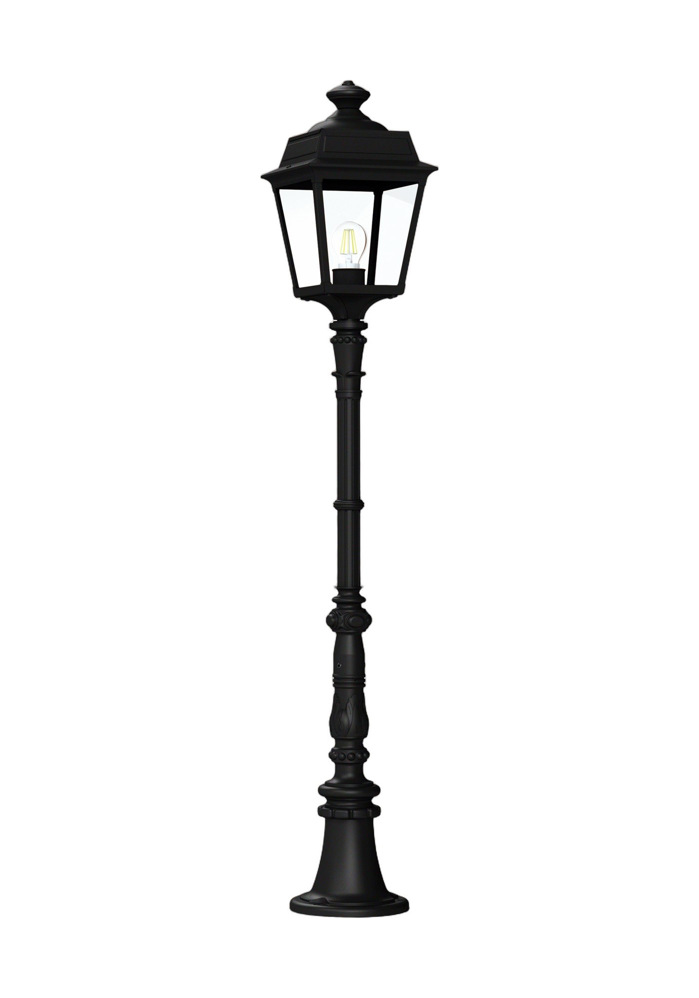 Lampadaire Place des Vosges Tradition par Roger Pradier lampadaire Place des Vosges Tradition colonne ornée en aluminium noir foncé avec verre clair, rendu sur fond blanc