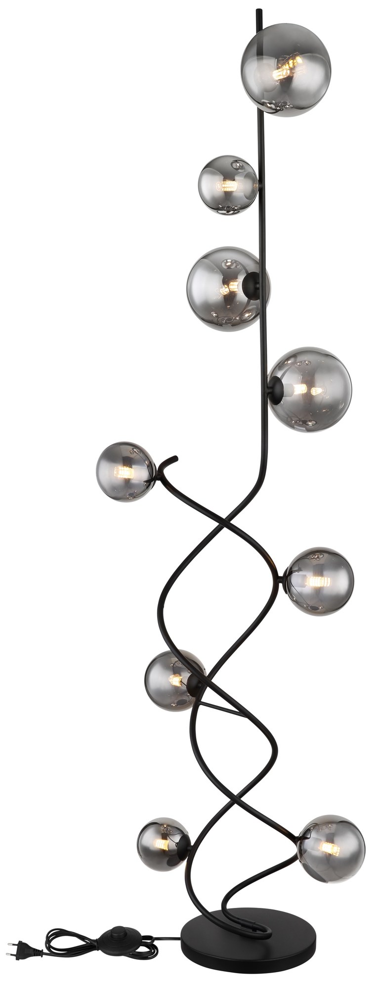 Lampadaire spirale verre fumé, 9 boules sur tiges noires, 162 cm lampadaire spirale verre fumé vue d ensemble avec le câble noir