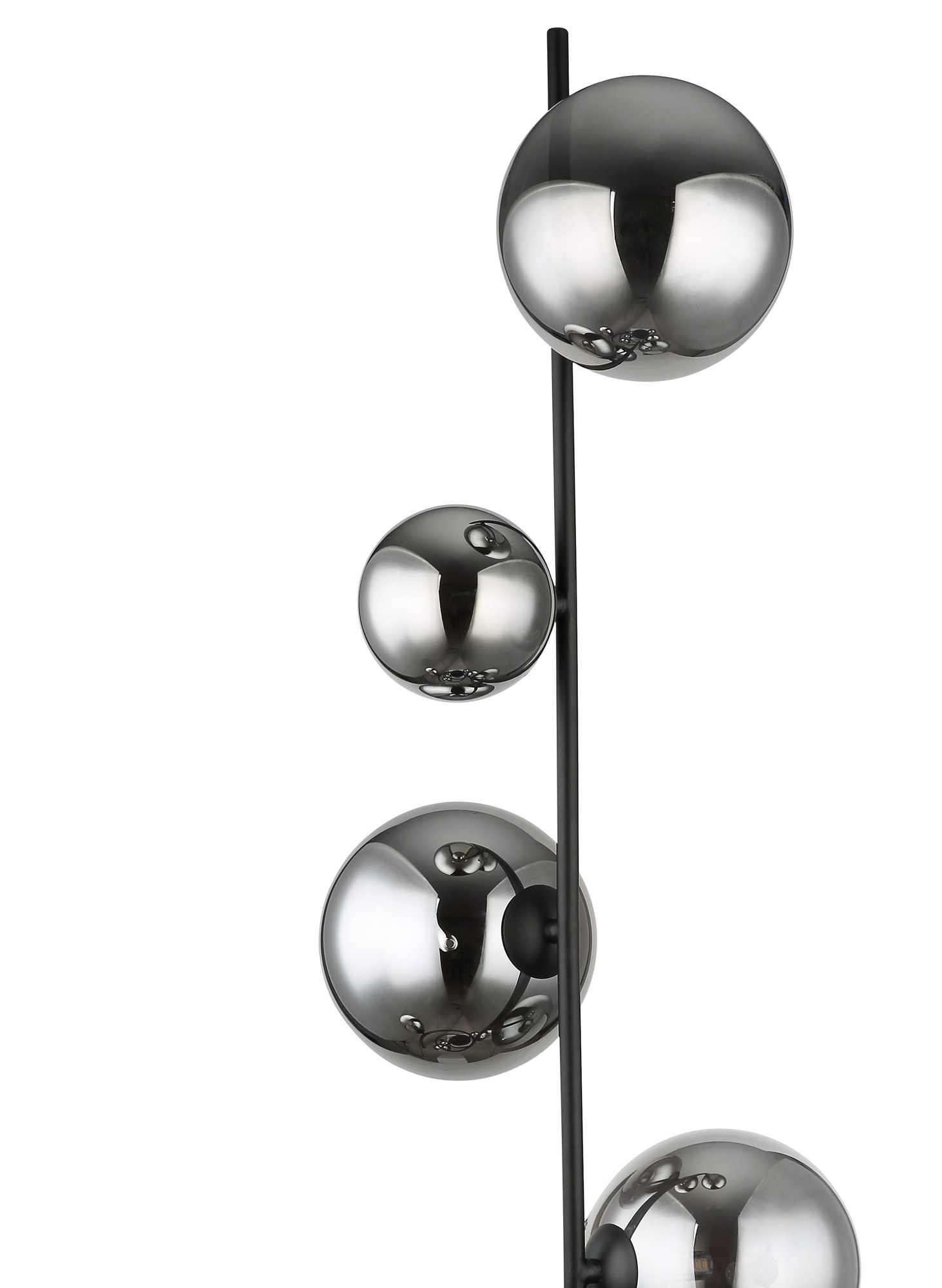 Lampadaire spirale verre fumé, 9 boules sur tiges noires, 162 cm lampadaire spirale verre fumé gros plan sur les boules de verre fumé du haut