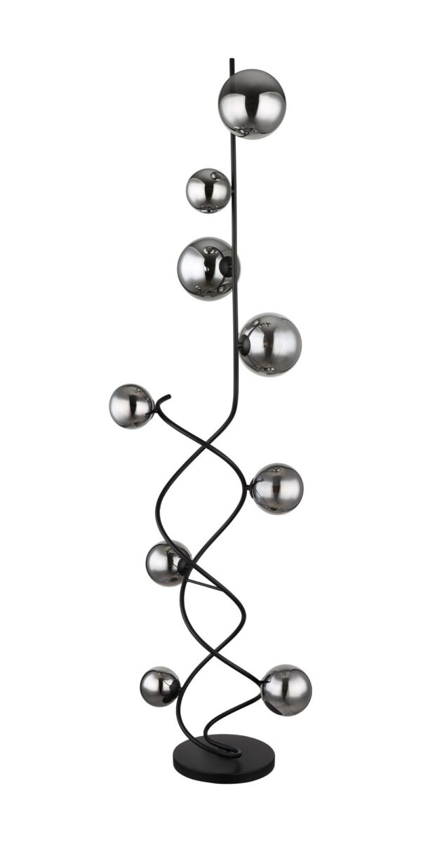 lampadaire spirale verre fumé tiges noires en spirale et 9 boules de verre fumé, fond blanc