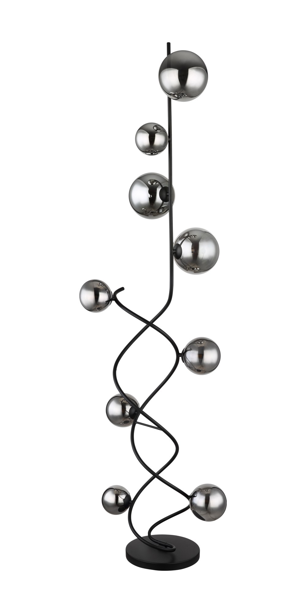 Lampadaire spirale verre fumé, 9 boules sur tiges noires, 162 cm lampadaire spirale verre fumé tiges noires en spirale et 9 boules de verre fumé, fond blanc