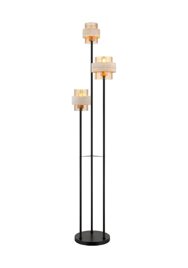lampadaire travertin 3 lumières étagées, abat-jours en verre ambré sur fond blanc