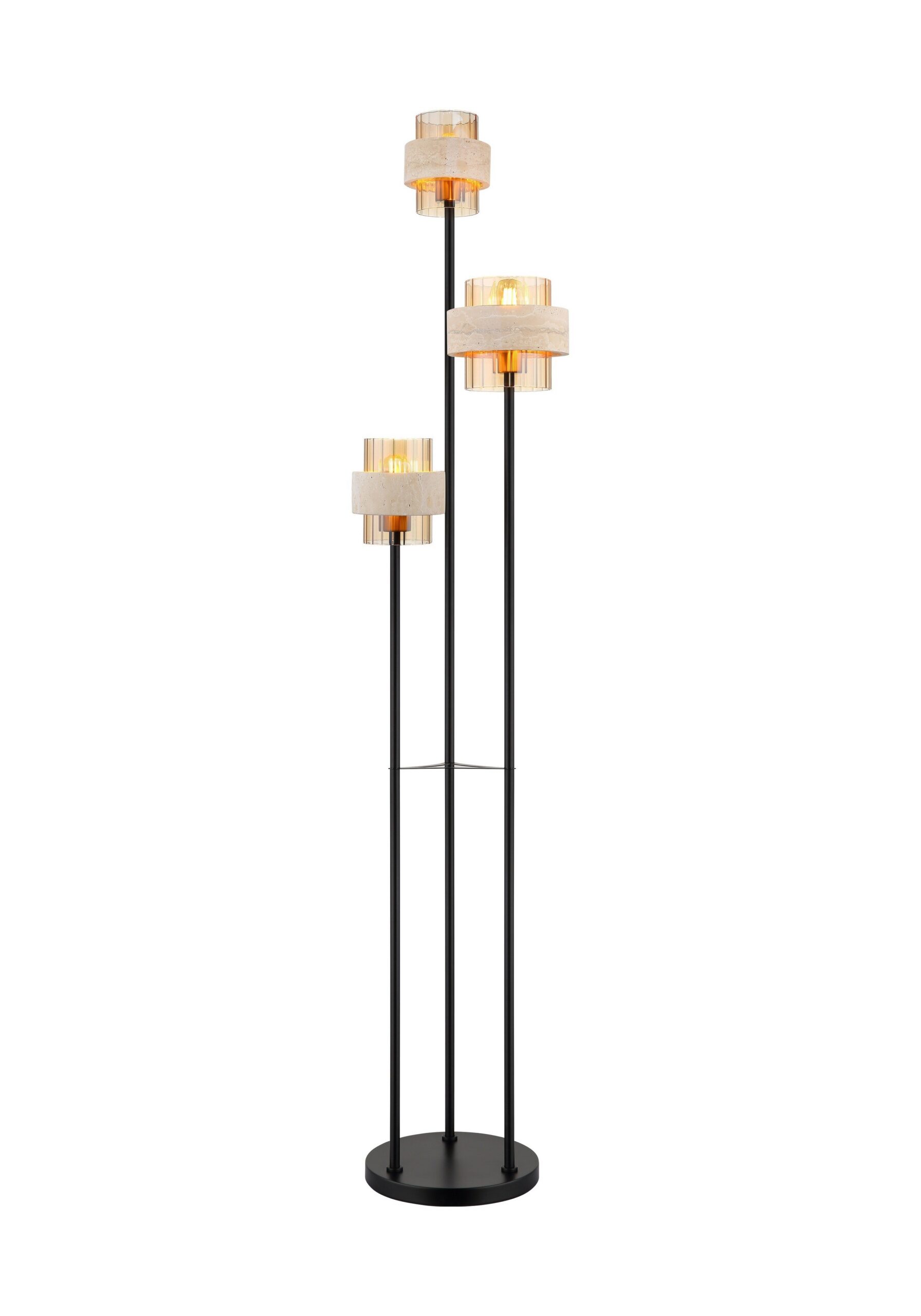 Lampadaire travertin et verre ambre, 3 lumières lampadaire travertin 3 lumières étagées, abat-jours en verre ambré sur fond blanc