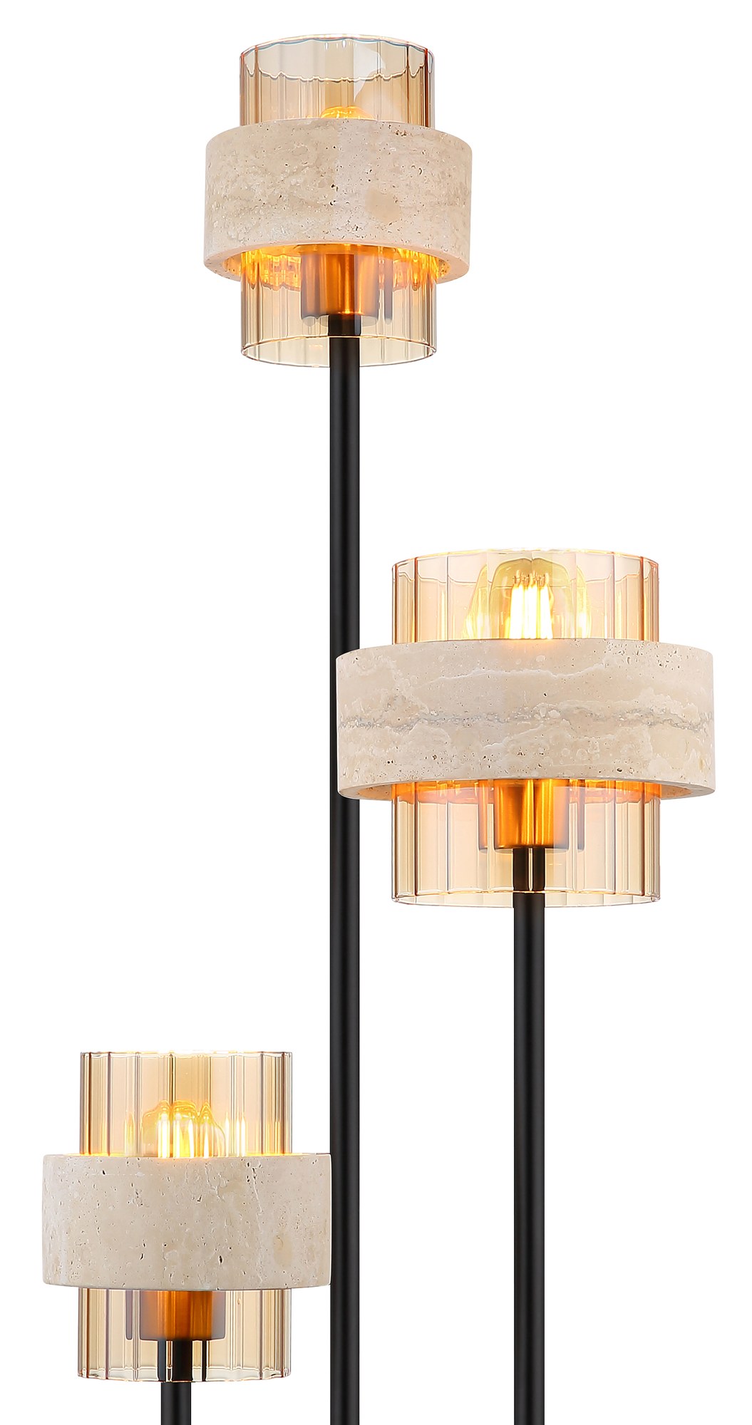 Lampadaire travertin et verre ambre, 3 lumières lampadaire travertin, gros plan sur les abat-jours en verre ambré et anneaux de pierre