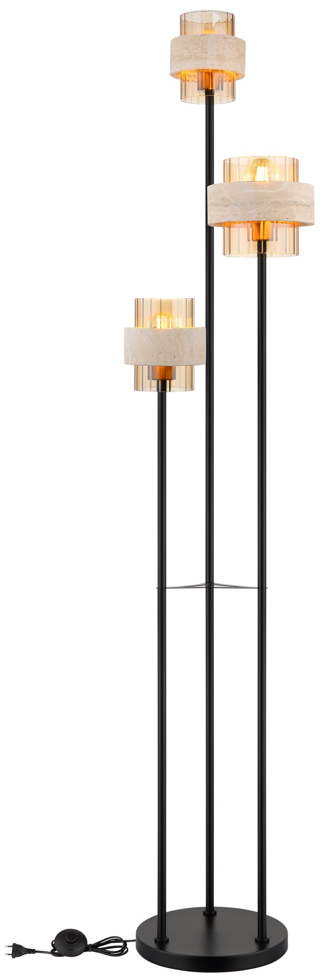 Lampadaire travertin et verre ambre, 3 lumières lampadaire travertin avec câble et interrupteur au pied, vue sur fond blanc
