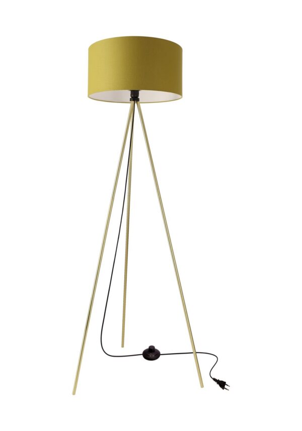 lampadaire trépied abat-jour olive abat jour olive et pieds dores sur fond blanc