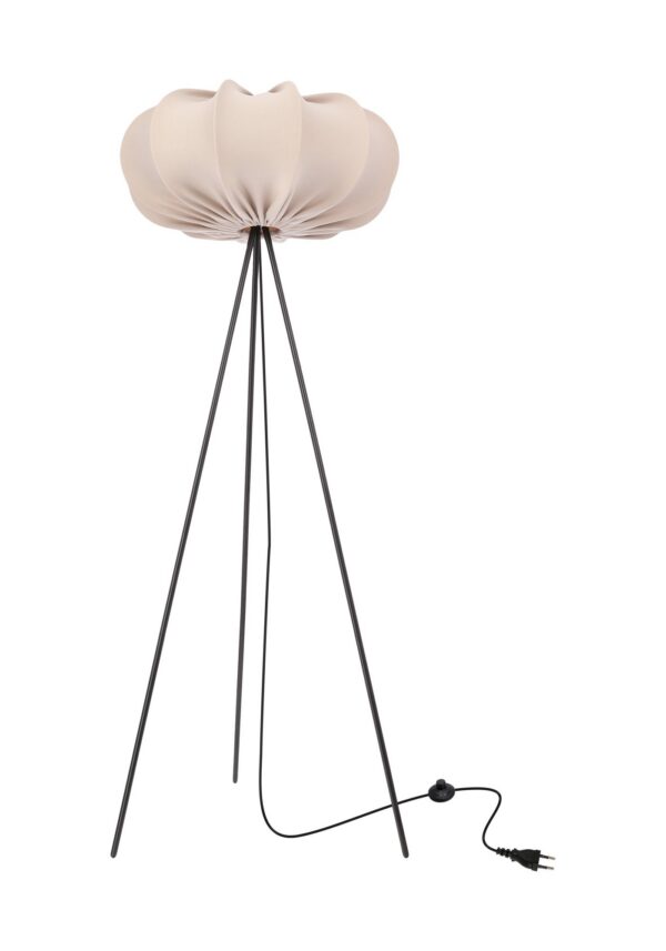 lampadaire trépied beige sur fond blanc