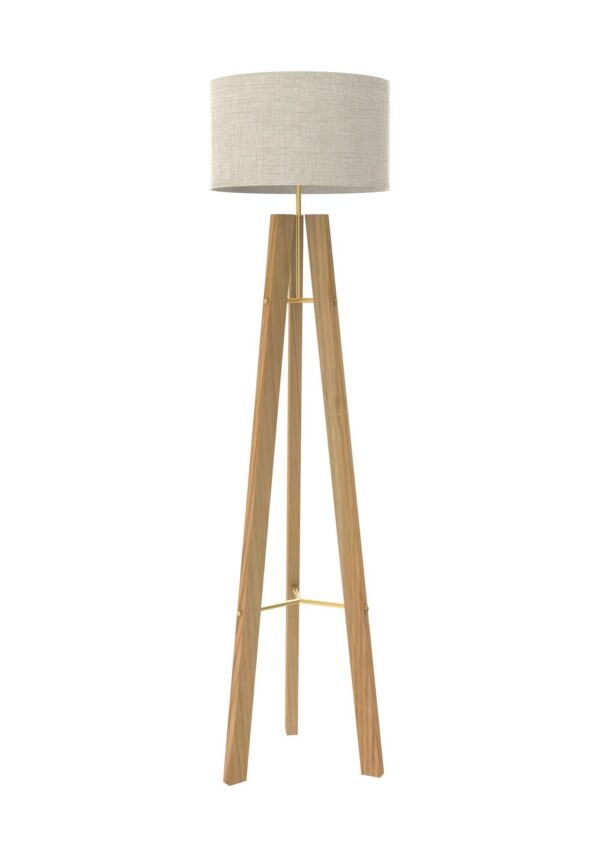 lampadaire trépied en bois avec abat-jour en lin beige et pieds en bois, vue de face sur fond blanc