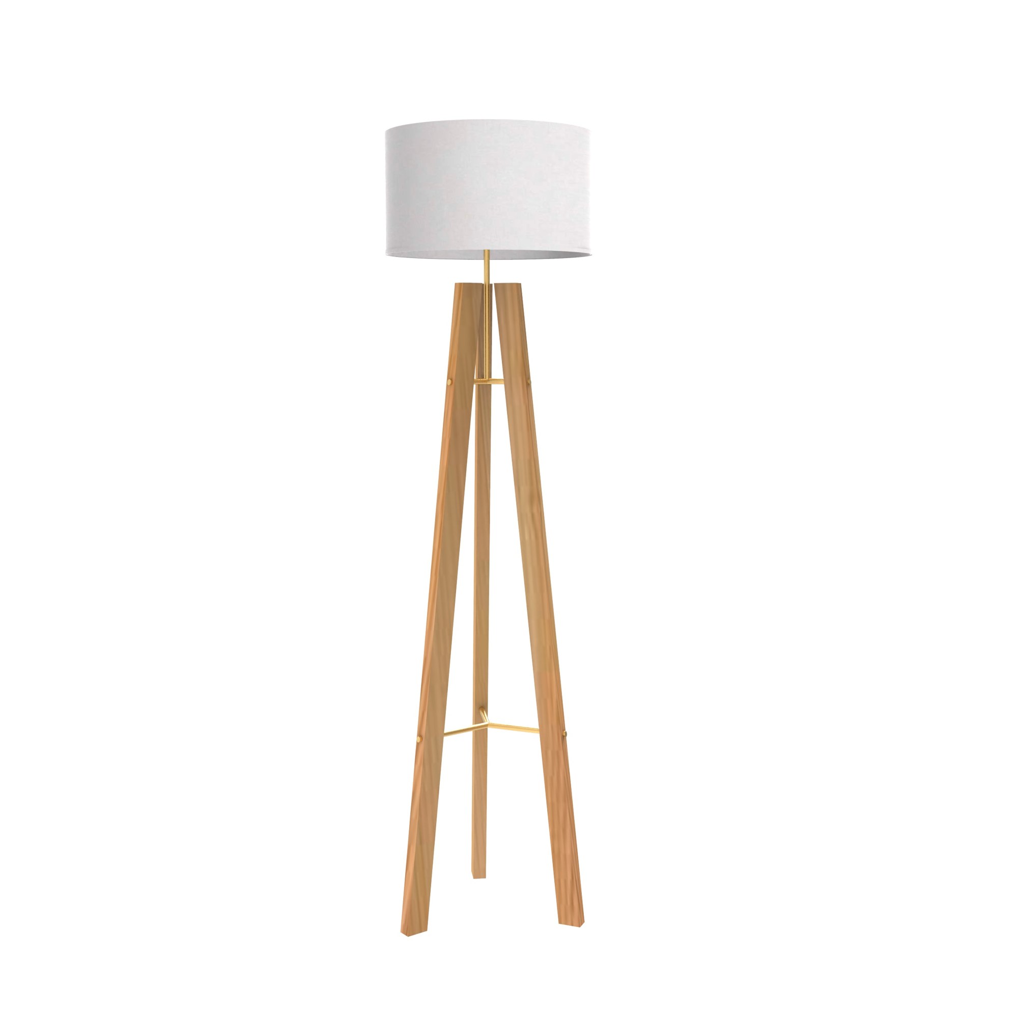 Lampadaire Breeze trépied en bois par Robin Lamps lampadaire trépied en bois avec abat-jour en coton blanc, vue de face sur fond blanc
