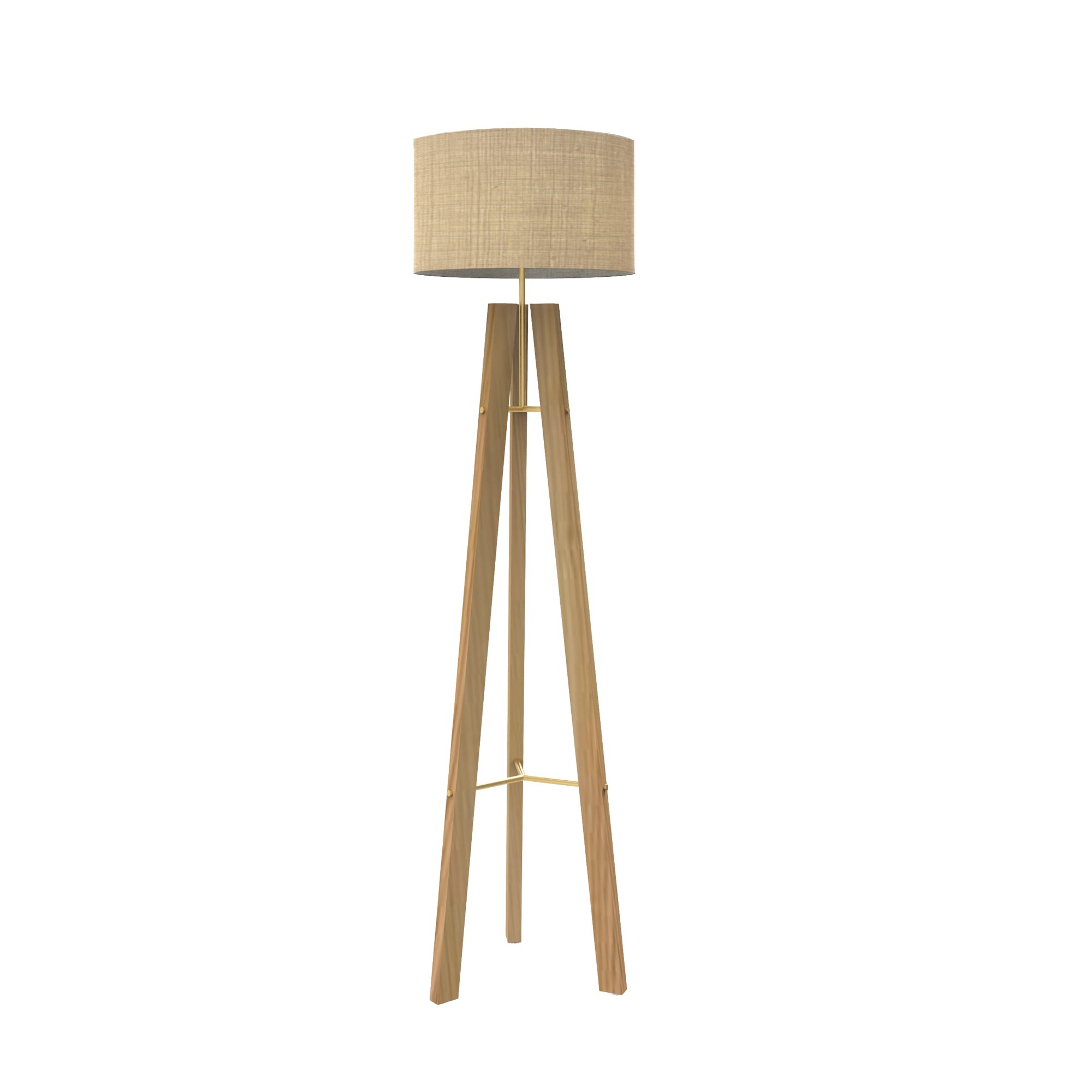Lampadaire Breeze trépied en bois par Robin Lamps lampadaire trépied en bois avec abat-jour en fibre naturelle, vue de face sur fond blanc
