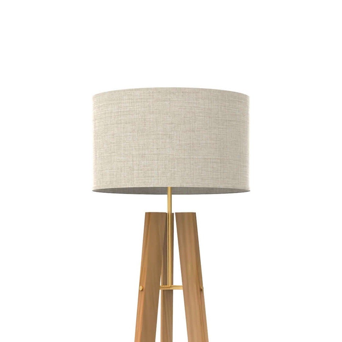 Lampadaire Breeze trépied en bois par Robin Lamps lampadaire trépied en bois gros plan sur son abat-jour tambour en lin et la jonction des pieds en bois et laiton