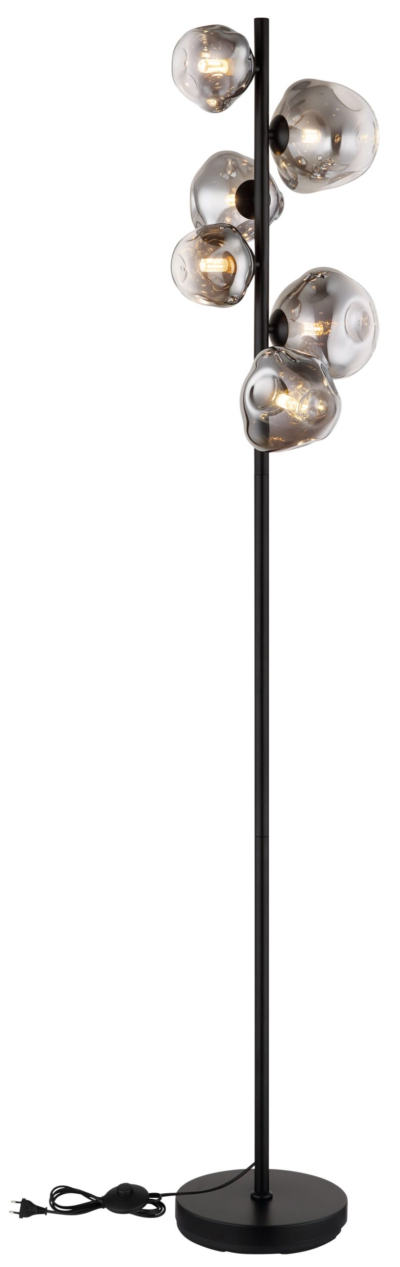 Lampadaire verre fumé noir, 6 lumières G9 et interrupteur lampadaire verre fumé 6 lumières avec sa base ronde, son câble et son interrupteur, fond blanc