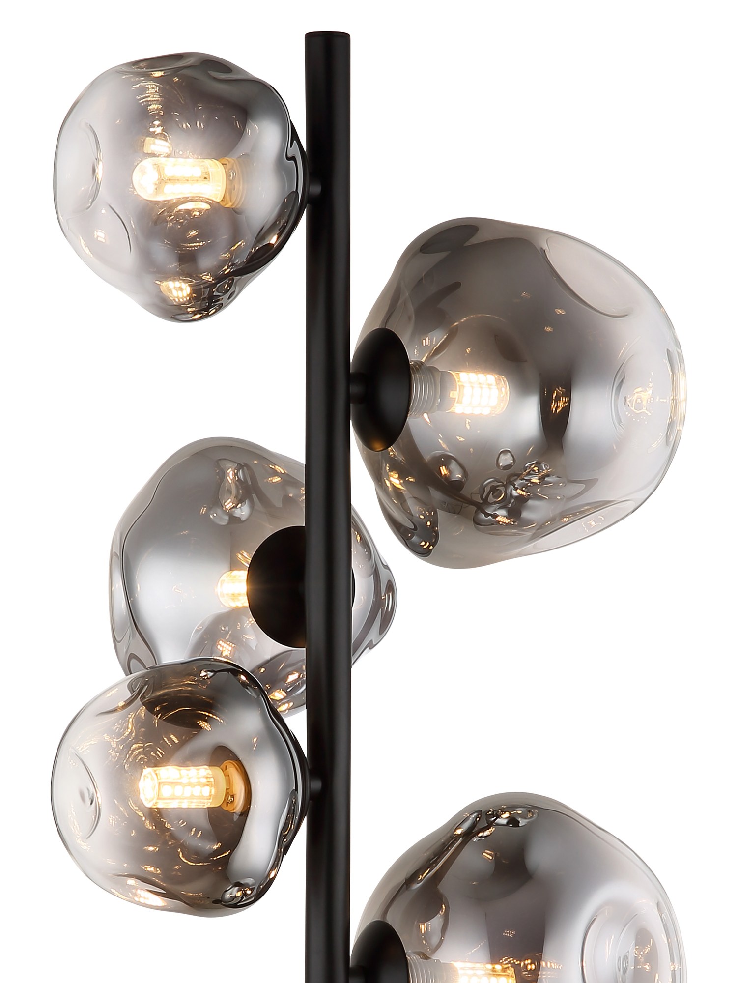 Lampadaire verre fumé noir, 6 lumières G9 et interrupteur lampadaire verre fumé 6 lumières gros plan sur les verres fumés bosselés et les ampoules G9