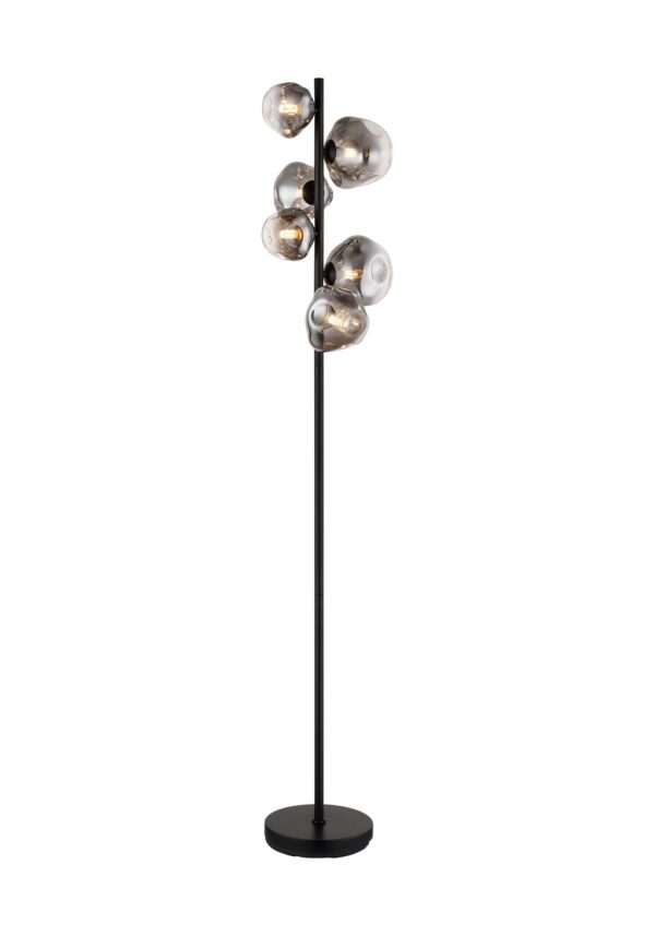 lampadaire verre fumé 6 lumières tige noire mate et six verres bosselés, fond blanc