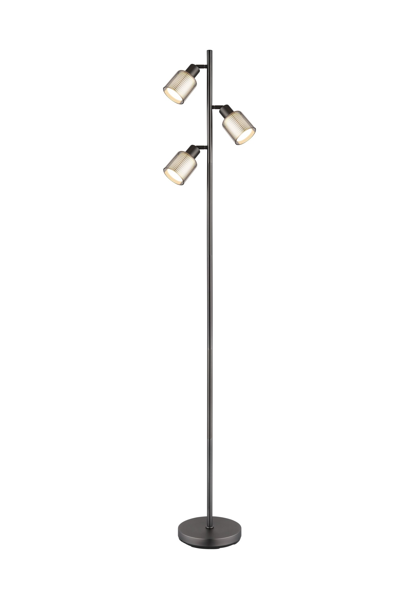 Lampadaire verre rayé gunmetal, 3 lumières E14 et interrupteur lampadaire verre rayé gunmetal trois abat-jours en verre chromé rayé, tige gunmetal mat, fond blanc