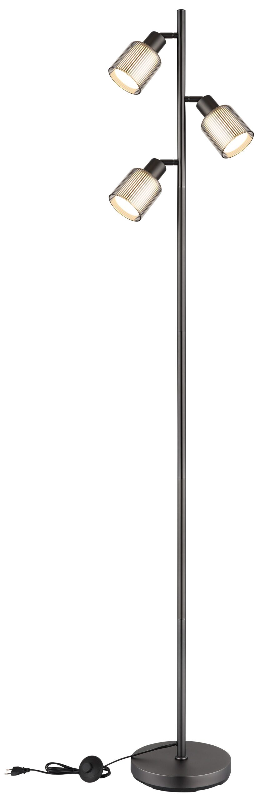 Lampadaire verre rayé gunmetal, 3 lumières E14 et interrupteur lampadaire verre rayé gunmetal avec sa base ronde, son câble et son interrupteur, fond blanc