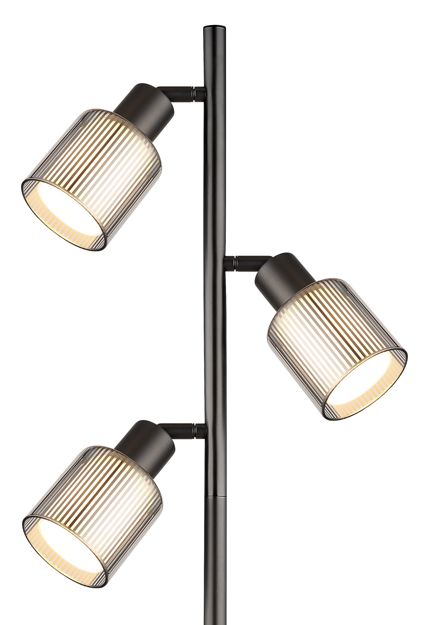 Lampadaire verre rayé gunmetal, 3 lumières E14 et interrupteur lampadaire verre rayé gunmetal gros plan sur les trois abat-jours en verre rayé