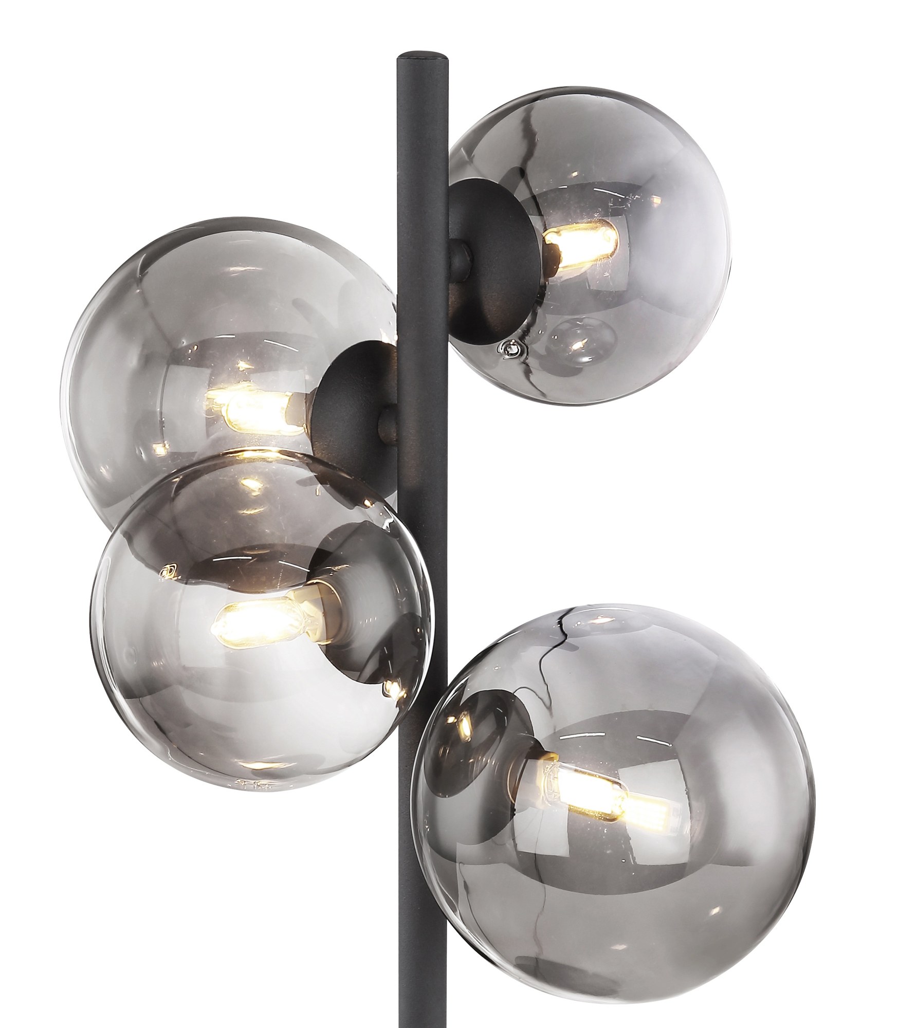 Lampe à poser 4 boules de verre sur tige, fumé noir ou bronze gris, 48 cm lampe à poser 4 boules de verre gros plan sur les boules de verre fumé et la tige noire