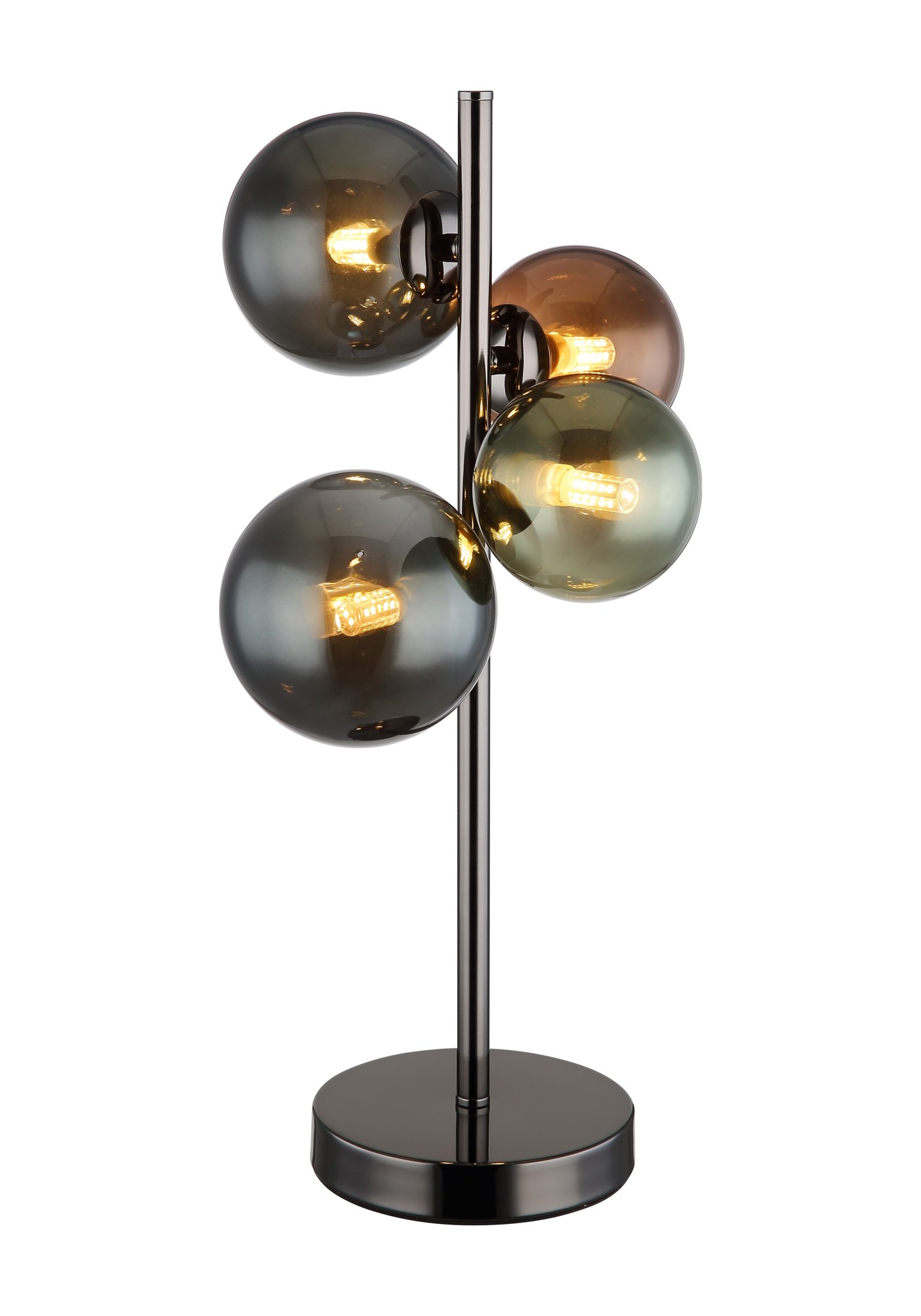 Lampe à poser 4 boules de verre sur tige, fumé noir ou bronze gris, 48 cm lampe à poser 4 boules de verre version grise à verres bronze, vert et pétrole