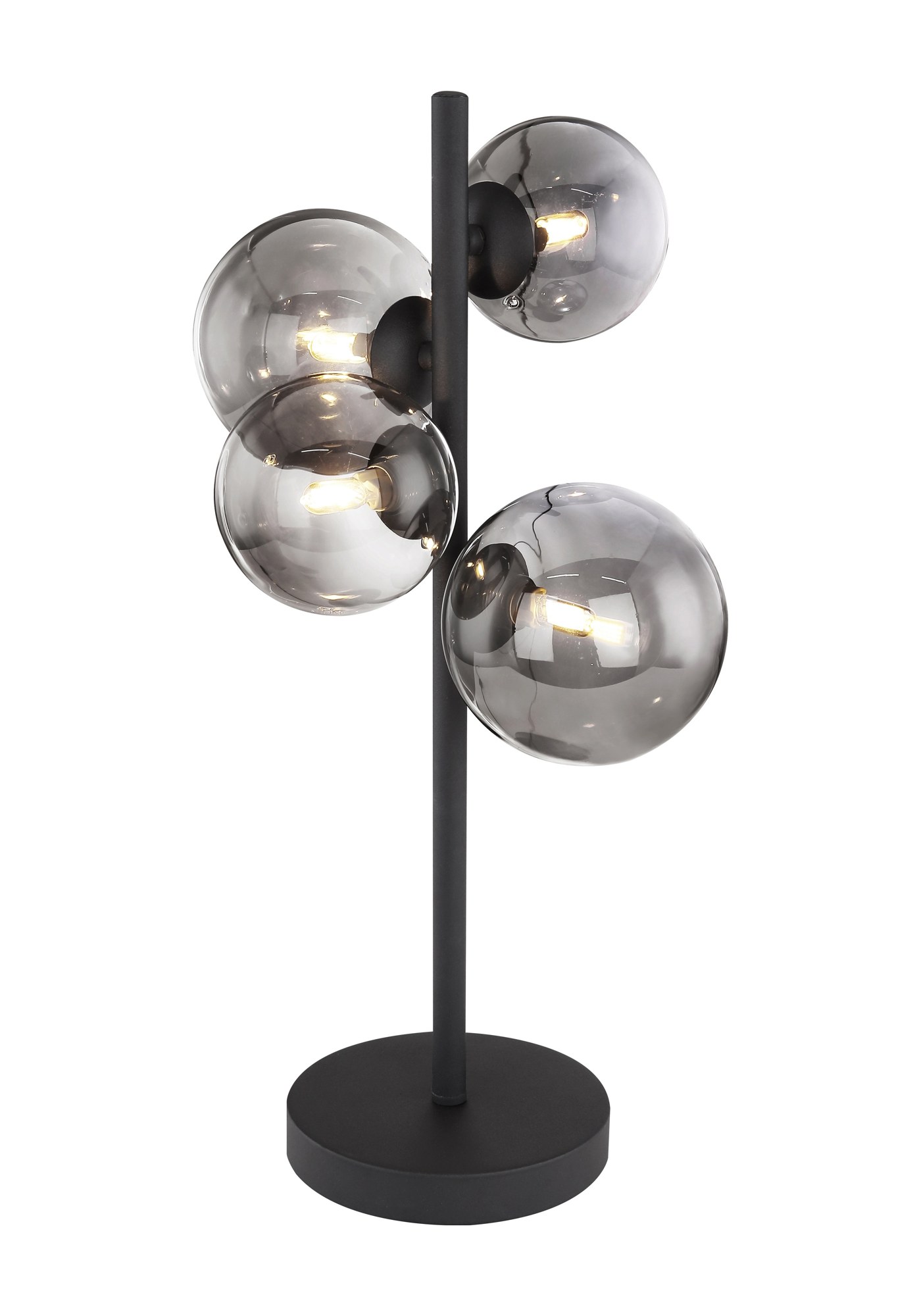 Lampe à poser 4 boules de verre sur tige, fumé noir ou bronze gris, 48 cm lampe à poser 4 boules de verre version noire à verre fumé, 48 cm, vue allumée sur fond blanc
