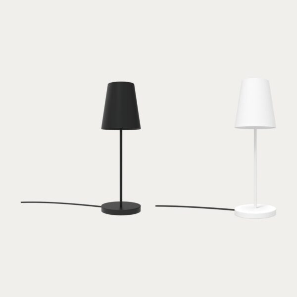 lampe à poser Astra en deux finitions noir mat et blanc mat sur fond beige