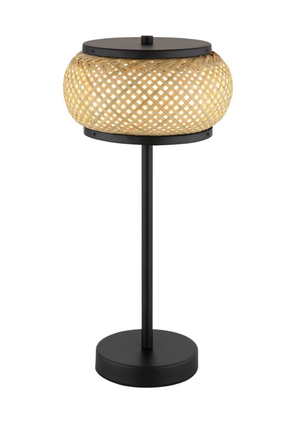 lampe à poser bambou LED 46 cm, abat-jour tressé Ø 22 cm et pied noir, sur fond blanc