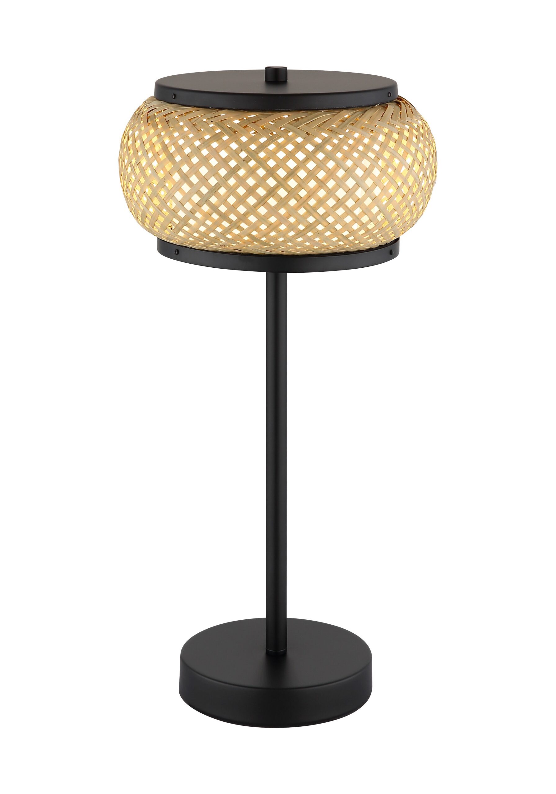 Lampe à poser bambou LED noir, abat-jour tressé Ø 22 cm lampe à poser bambou LED 46 cm, abat-jour tressé Ø 22 cm et pied noir, sur fond blanc