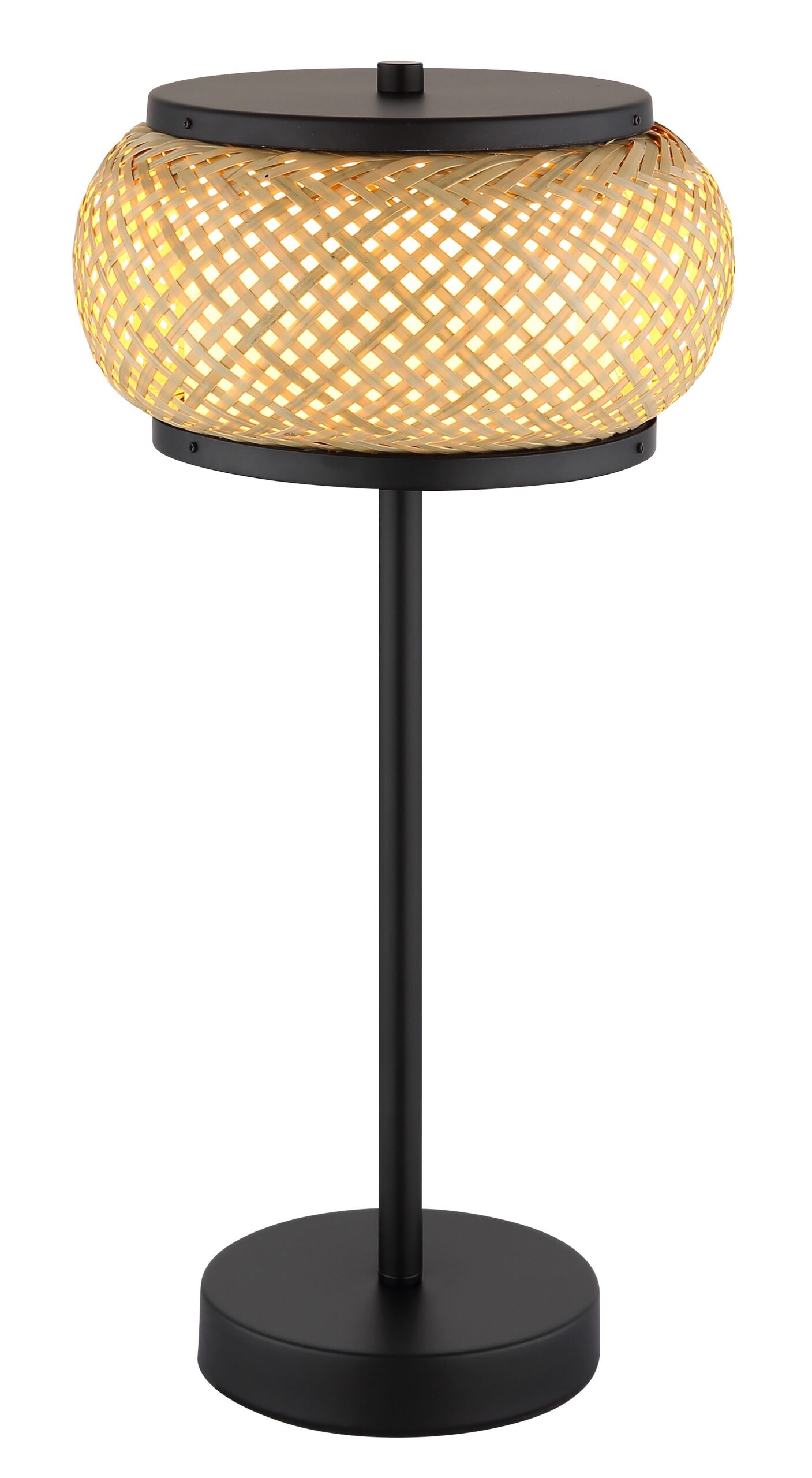 Lampe à poser bambou LED noir, abat-jour tressé Ø 22 cm lampe à poser bambou LED allumée en lumière chaude, sur fond blanc
