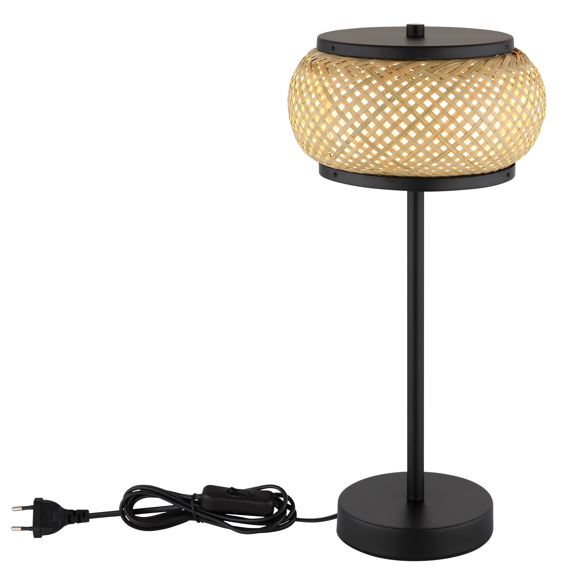 Lampe à poser bambou LED noir, abat-jour tressé Ø 22 cm lampe à poser bambou LED avec câble et interrupteur, sur fond blanc