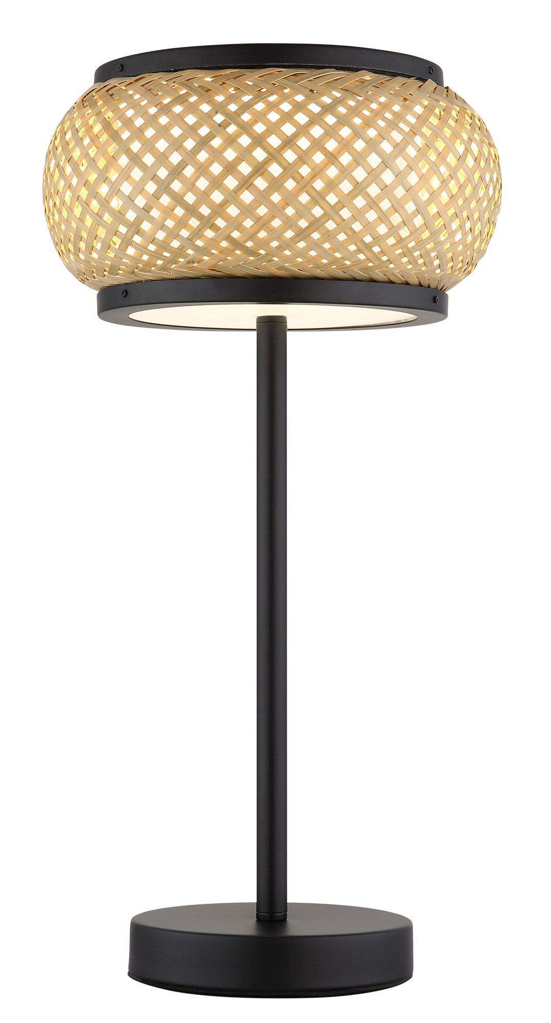 Lampe à poser bambou LED noir, abat-jour tressé Ø 22 cm lampe à poser bambou LED vue de face, abat-jour en bambou tressé