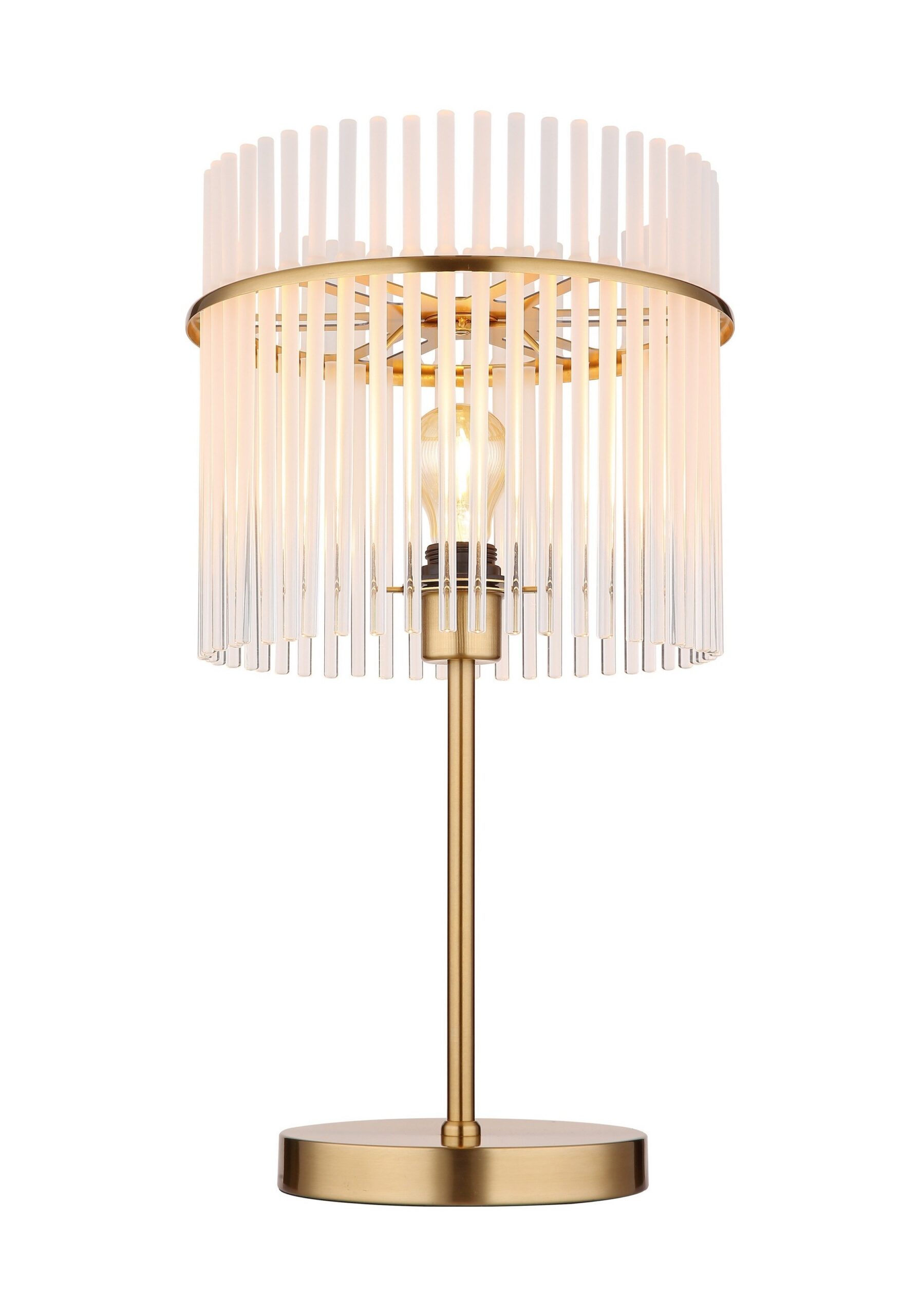 Lampe à poser barreaux de verre, 3 finitions, 37,5 ou 54,5 cm lampe à poser barreaux de verre opale et métal or, vue de face sur fond blanc
