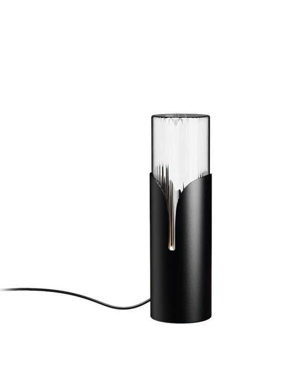 lampe à poser Bisel finition noir mat, fût en fer ouvert et verre strié, câble textile de 2 m