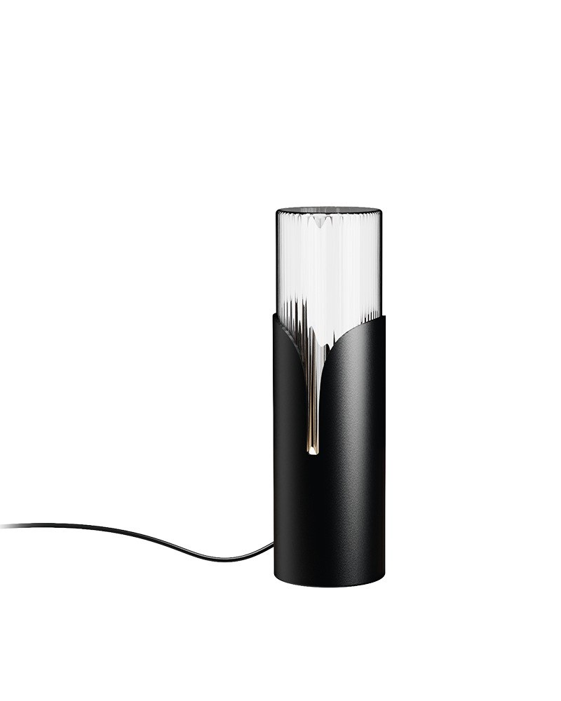 lampe à poser Bisel finition noir mat, fût en fer ouvert et verre strié, câble textile de 2 m