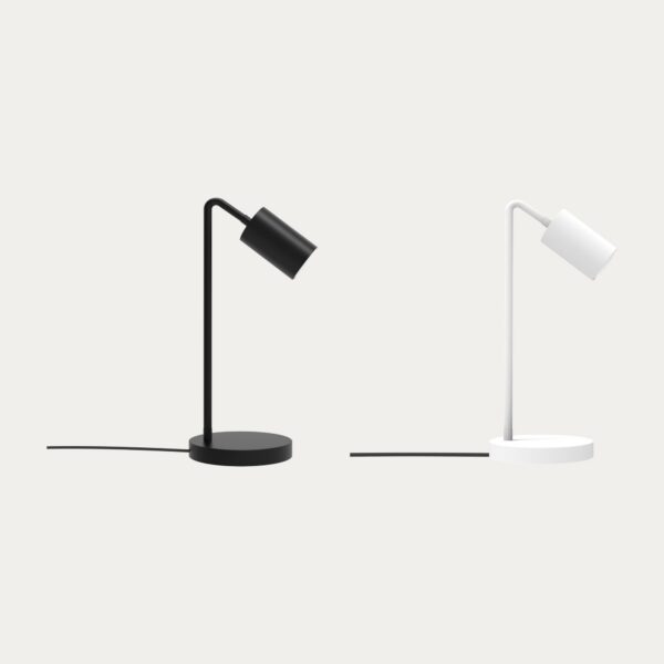 lampe à poser Boir en deux finitions noir mat et blanc mat sur fond beige
