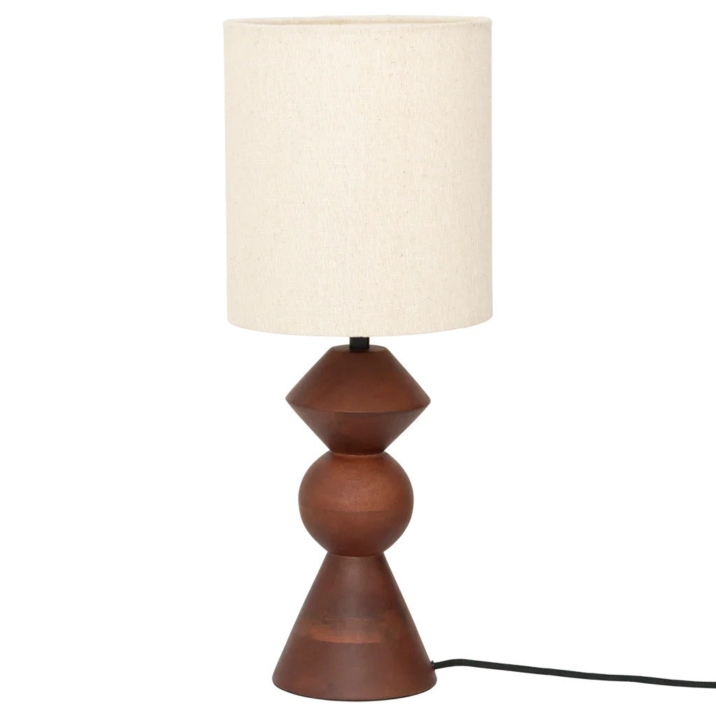 Lampe à poser Tre par Urban Nature Culture, manguier et lin lampe à poser bois Tre Urban Nature Culture, vue de face avec son câble sur fond blanc