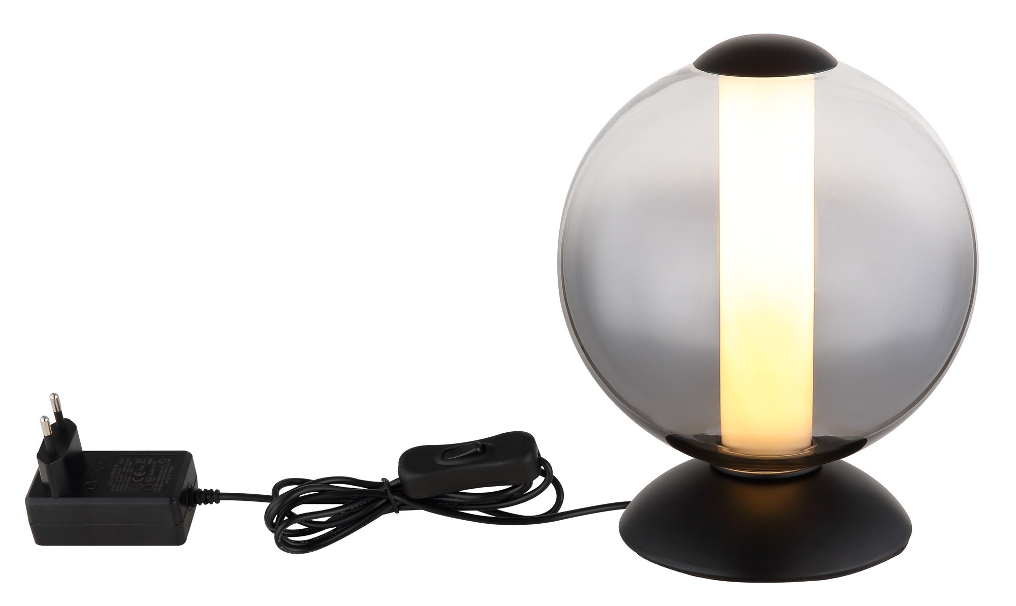 Lampe à poser boule verre fumé noir, LED 3000 K, Ø 18 cm lampe à poser boule verre fumé avec câble et interrupteur, sur fond blanc