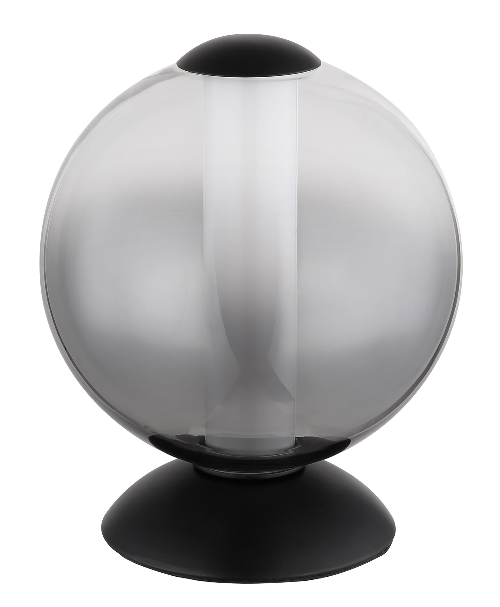 Lampe à poser boule verre fumé noir, LED 3000 K, Ø 18 cm lampe à poser boule verre fumé éteinte, verre fumé dégradé sur fond blanc