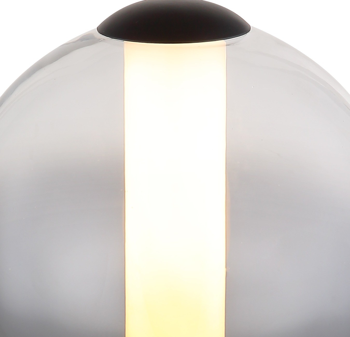 Lampe à poser boule verre fumé noir, LED 3000 K, Ø 18 cm lampe à poser boule verre fumé gros plan sur le tube opale lumineux dans le globe