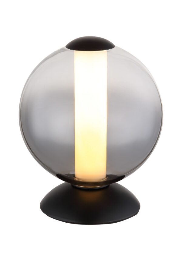 lampe à poser boule verre fumé Ø 18 cm, base noire et tube opale lumineux, sur fond blanc