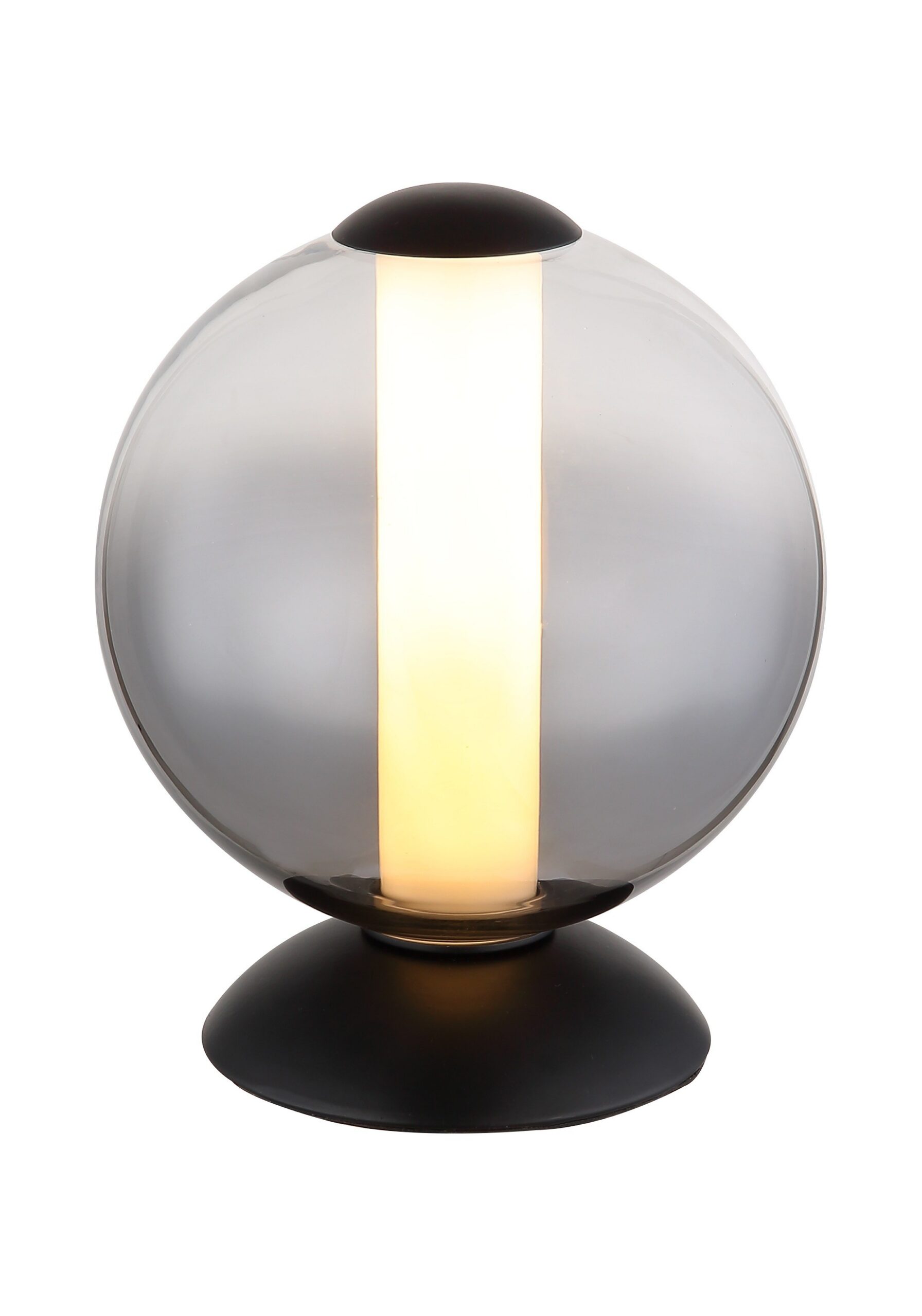 Lampe à poser boule verre fumé noir, LED 3000 K, Ø 18 cm lampe à poser boule verre fumé Ø 18 cm, base noire et tube opale lumineux, sur fond blanc