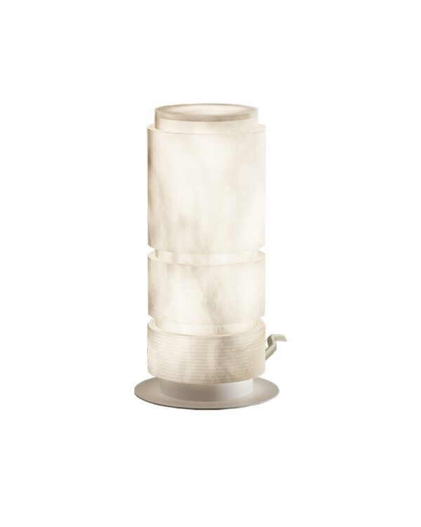 lampe à poser Bowie abat-jour en albâtre en anneaux, base en fer et câble textile crème
