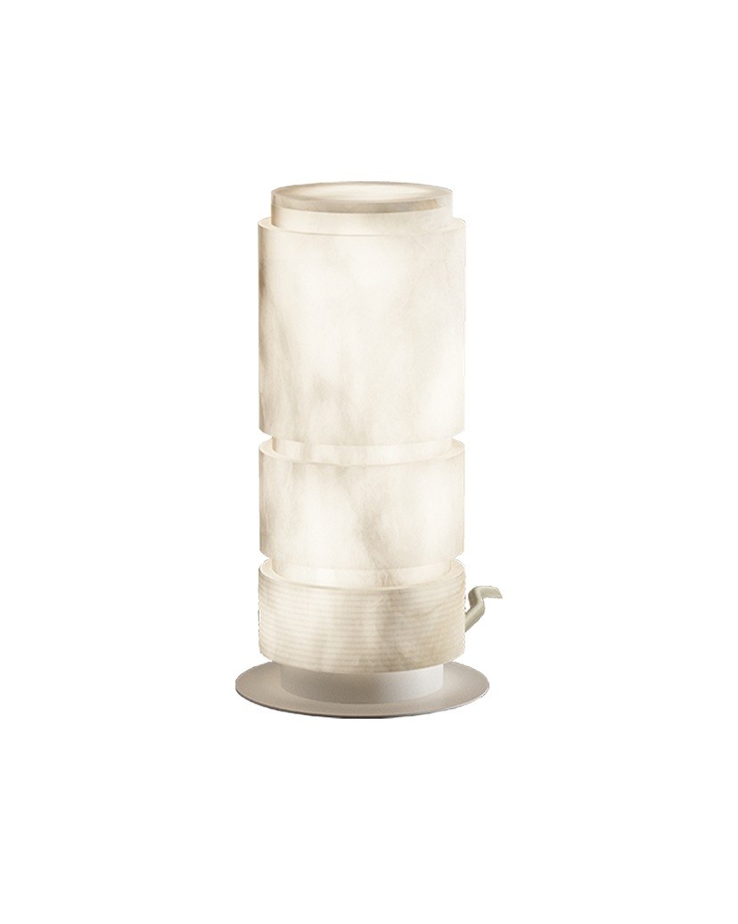 lampe à poser Bowie abat-jour en albâtre en anneaux, base en fer et câble textile crème