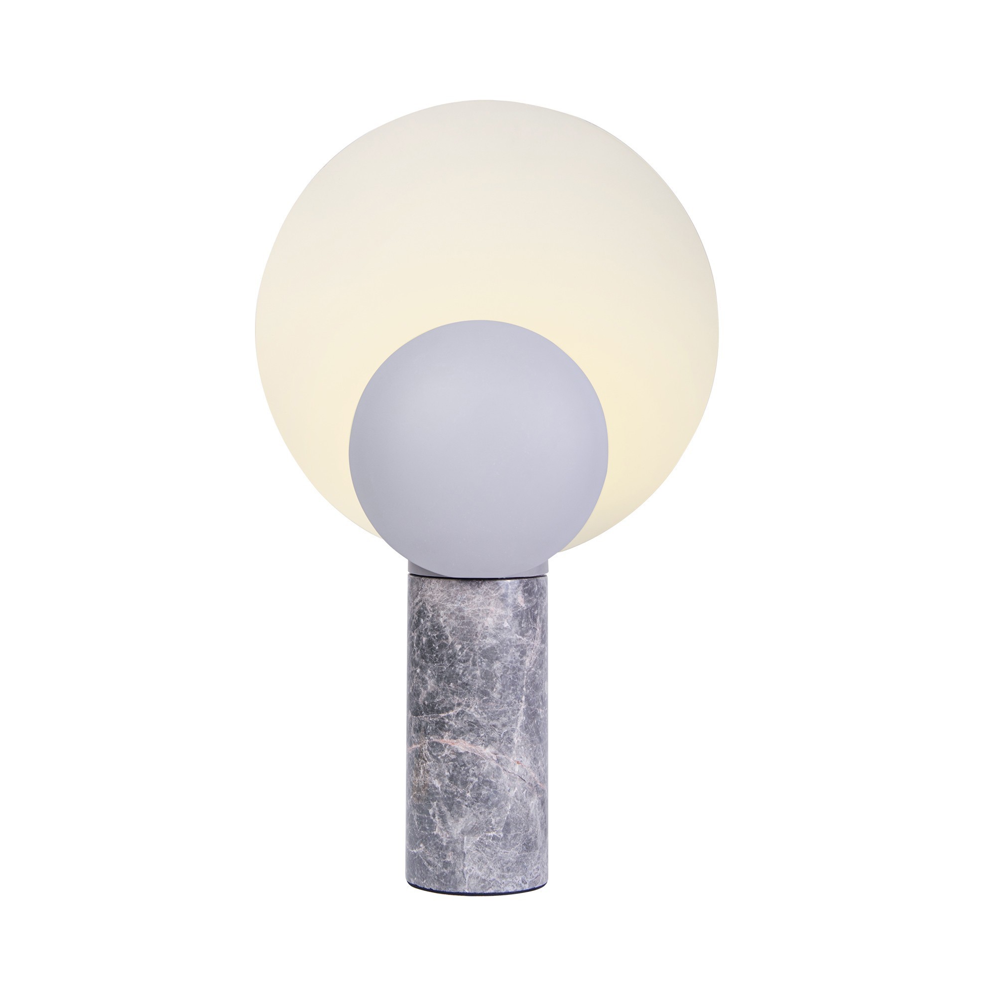 Lampe à poser Caché en marbre et abat-jours mobiles par Design For The People lampe à poser Caché, vue de face des abat-jours et du socle en marbre